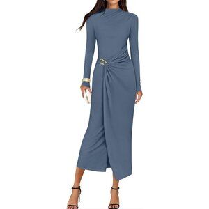 Zesica Women's Dustyblue Long Sleeve Mock Neck Long Midi Bodycon Cocktail Dress